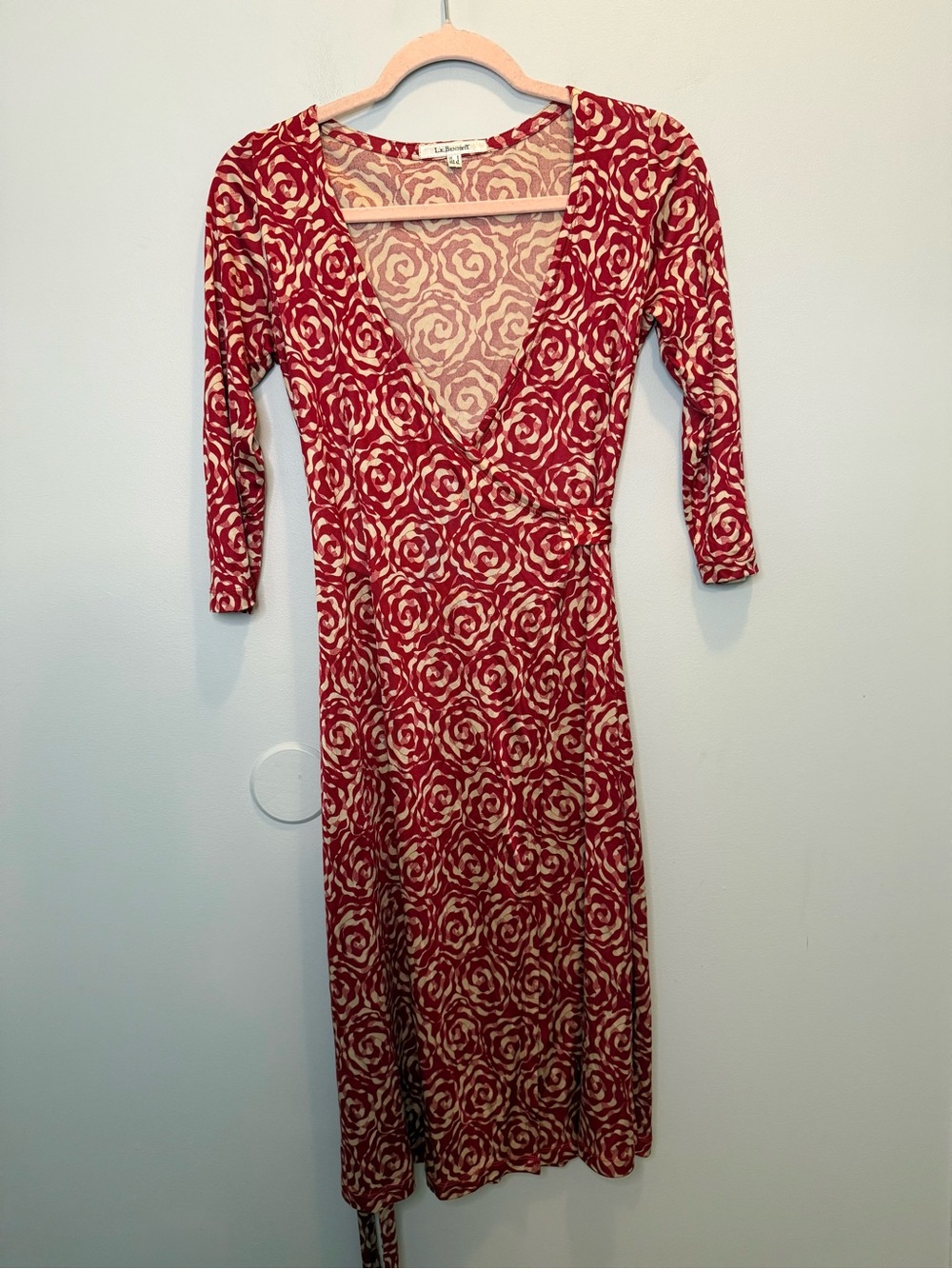 LK Bennett Red & Cream Floral 100% Silk Wrap Midi Dress Size 4 Parisian Chic